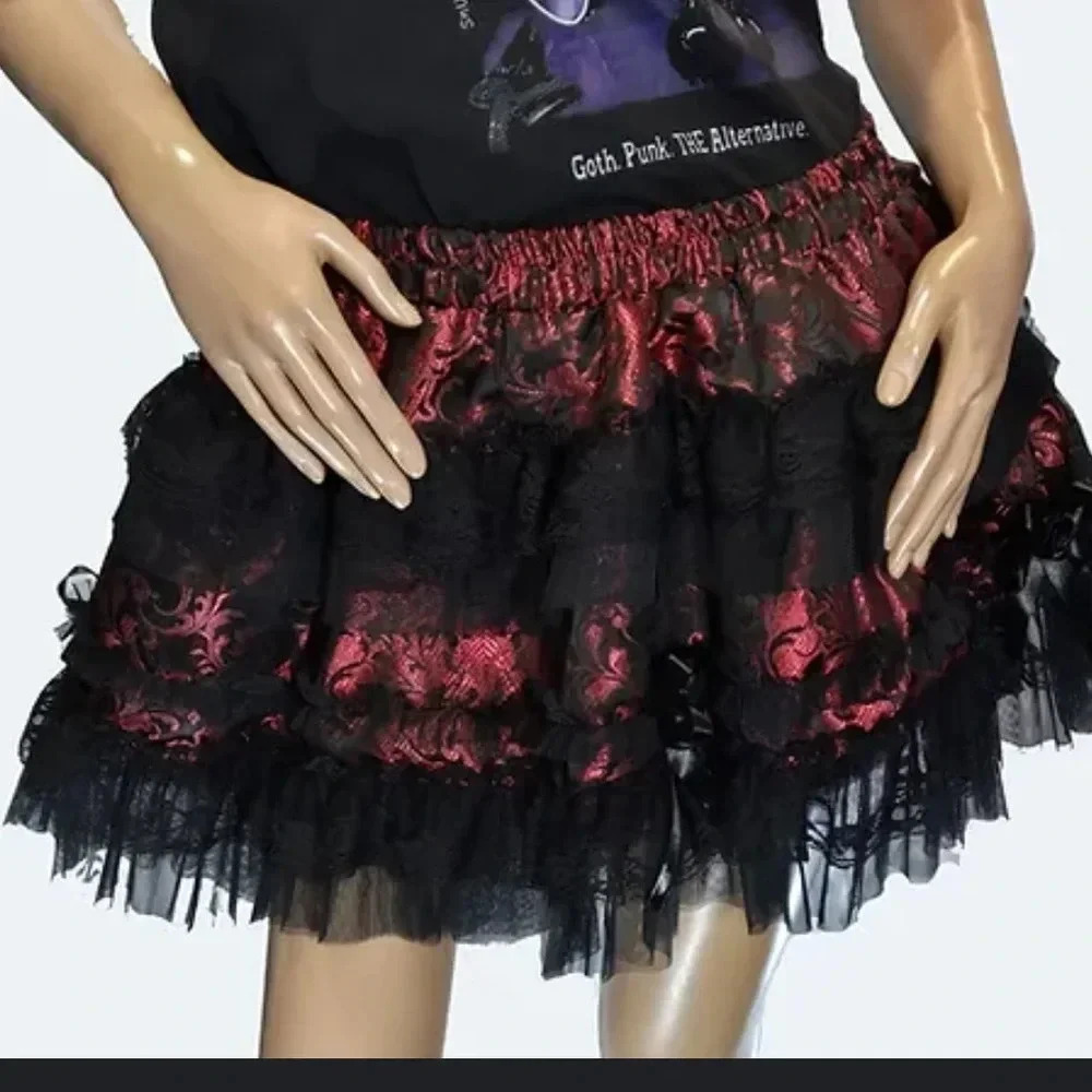 Lolita Ruffle and lace mini skirt in Maroon King Brocade Size Small - Picture 13 of 13